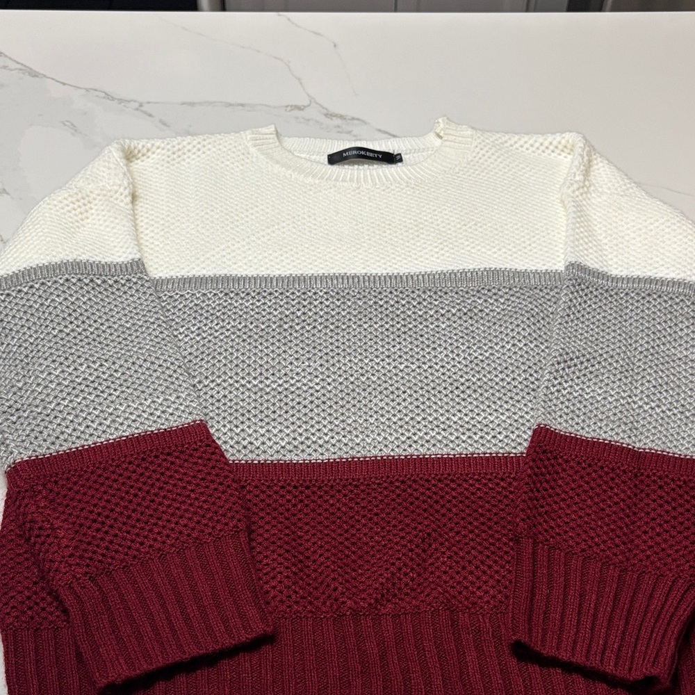 Colorblock Knit Sweater - White, Gray, and Red